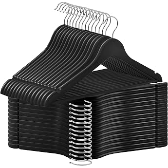ABHENG AWY0330B Wooden Clothes Hangers with Non-Slip Trouser Bar and 360  Rotating Hook Notches in the Shoulder Area Made of Natural Wood 44.5W x 23Hcm Black + Silver Pack of 30