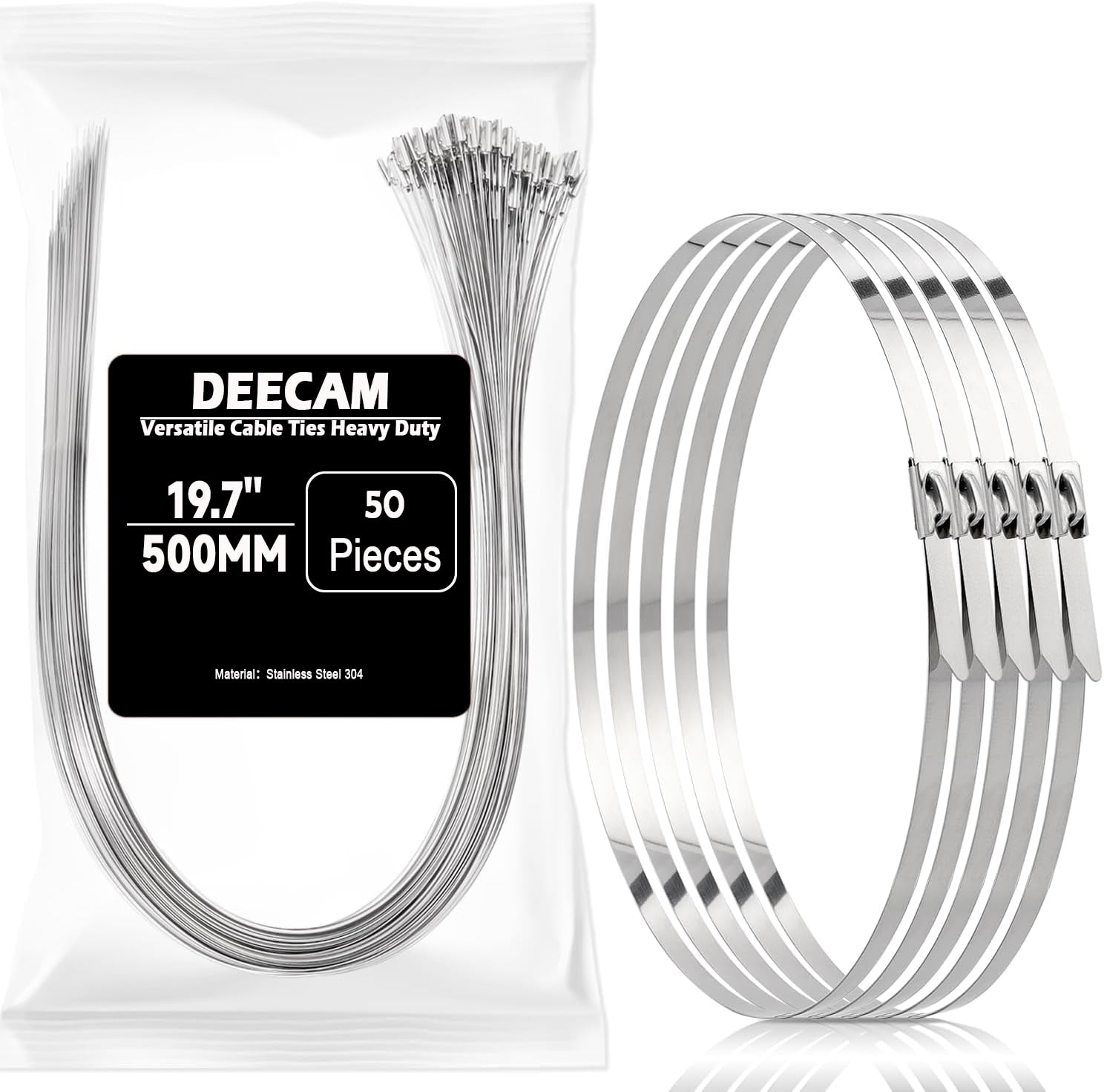 Stainless Steel Cable Ties, Deecam 50 Pcs 4.6×500mm Metal Cable Tie, 304 Stainless Zip Ties with Steel Ball Stopper