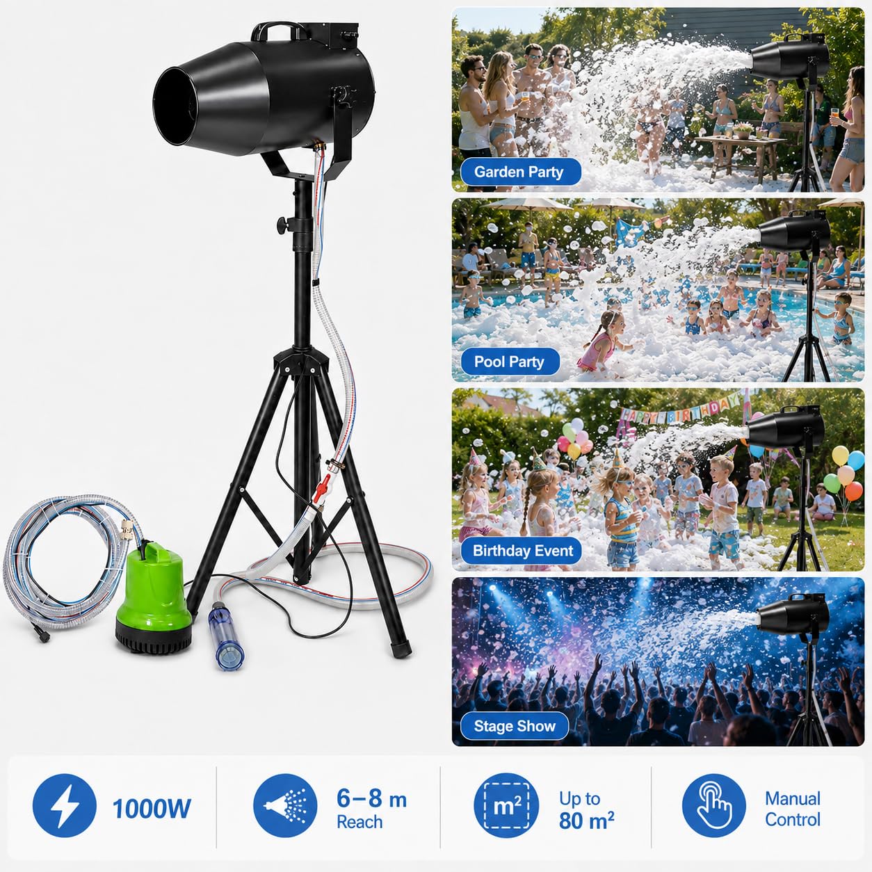 Máquina de espuma para fiestas al aire libre, 1000 W, cobertura de 80 m²