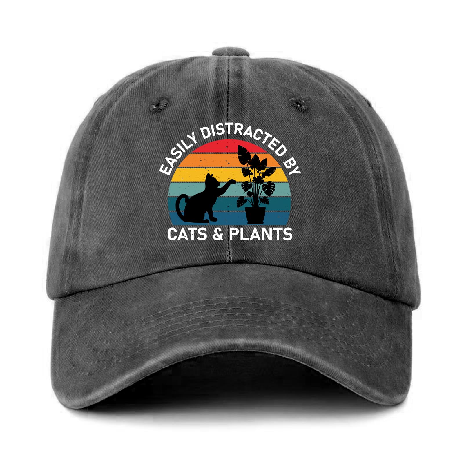 GOSJINNK Funny Cats Plants Distressed Washed Black Baseball Caps Easily Distracted by Cats Plants Printed Cotton Adjustable Hats