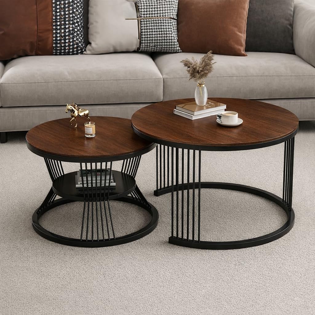 Brown Art SHOPPEE Round Coffee Table Home Décor Furniture Coffee Table Sets,2 Piece MDF Top,Stacking Nesting Table with Iron Frame for Living Room Living Room or Lounge (Black Brown)