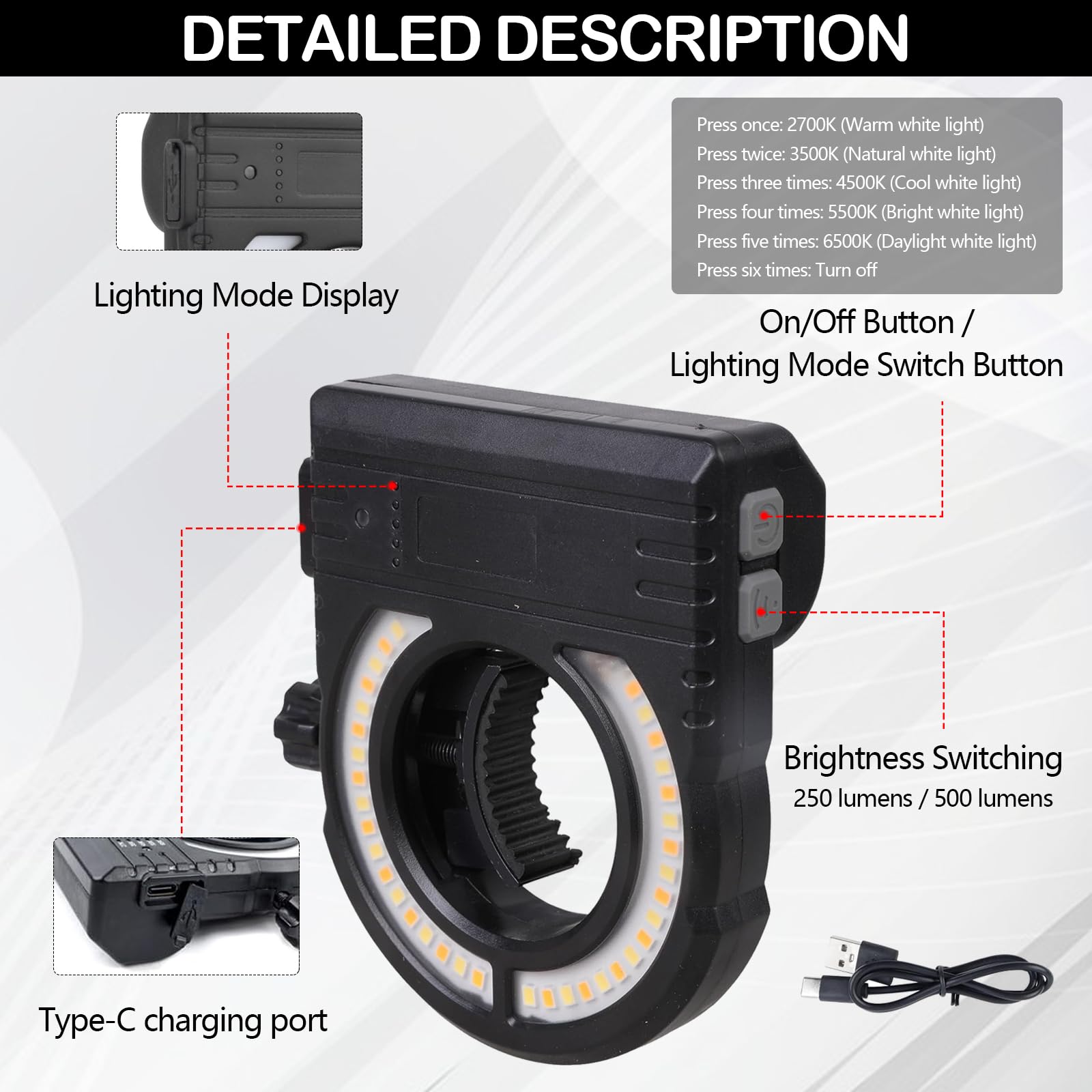 Lampe Led pour Pistolet à Peinture Automobile, 5 Niveaux de Température de Couleur (2700K-6500K) et 500/250 Lumens, Éclairage LED pour Pistolet à Peinture pour Décoration de Voiture et Maison