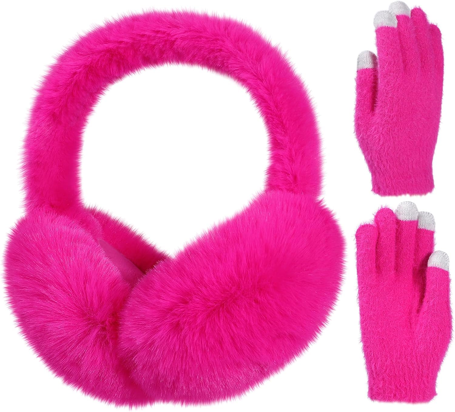 LiuSuper Kids EarMuffs Gloves Set, Foldable Fluffy Winter Ear Warmer Touchscreen Mittens for Skiing SnowPlay Girls Boys 7-12Y