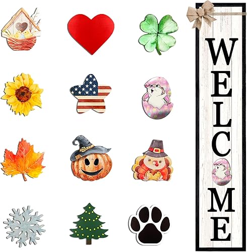 Letrero de bienvenida intercambiable al aire libre para porche delantero, marco de madera grande de 45 x 9 pulgadas, con 12 iconos diseñados Letrero de bienvenida intercambiable al aire libre para porche delantero, marco de madera grande de 45 x 9 pulgadas, con 12 iconos diseñados