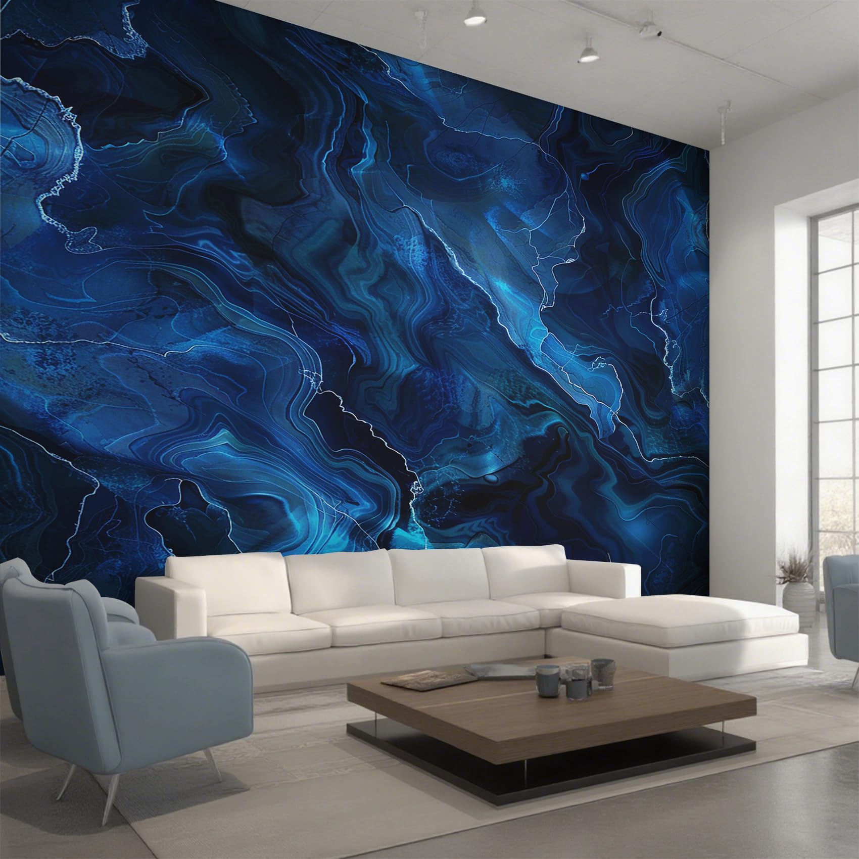 Papier peint panoramique marbre bleu moderne fresque murale chambre 450x315