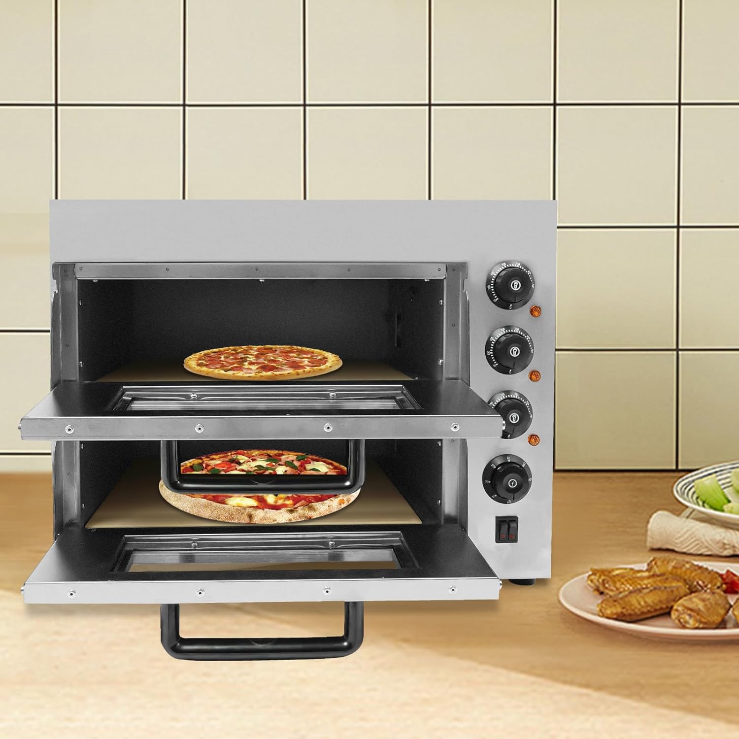 Horno elctrico para pizza de acero inoxidable, 3000 W, para interiores, doble piso, horno de pizza, 2 pisos, con regulacin de temperatura, 50-350 , para pizzera, restaurante, panadera, hogar