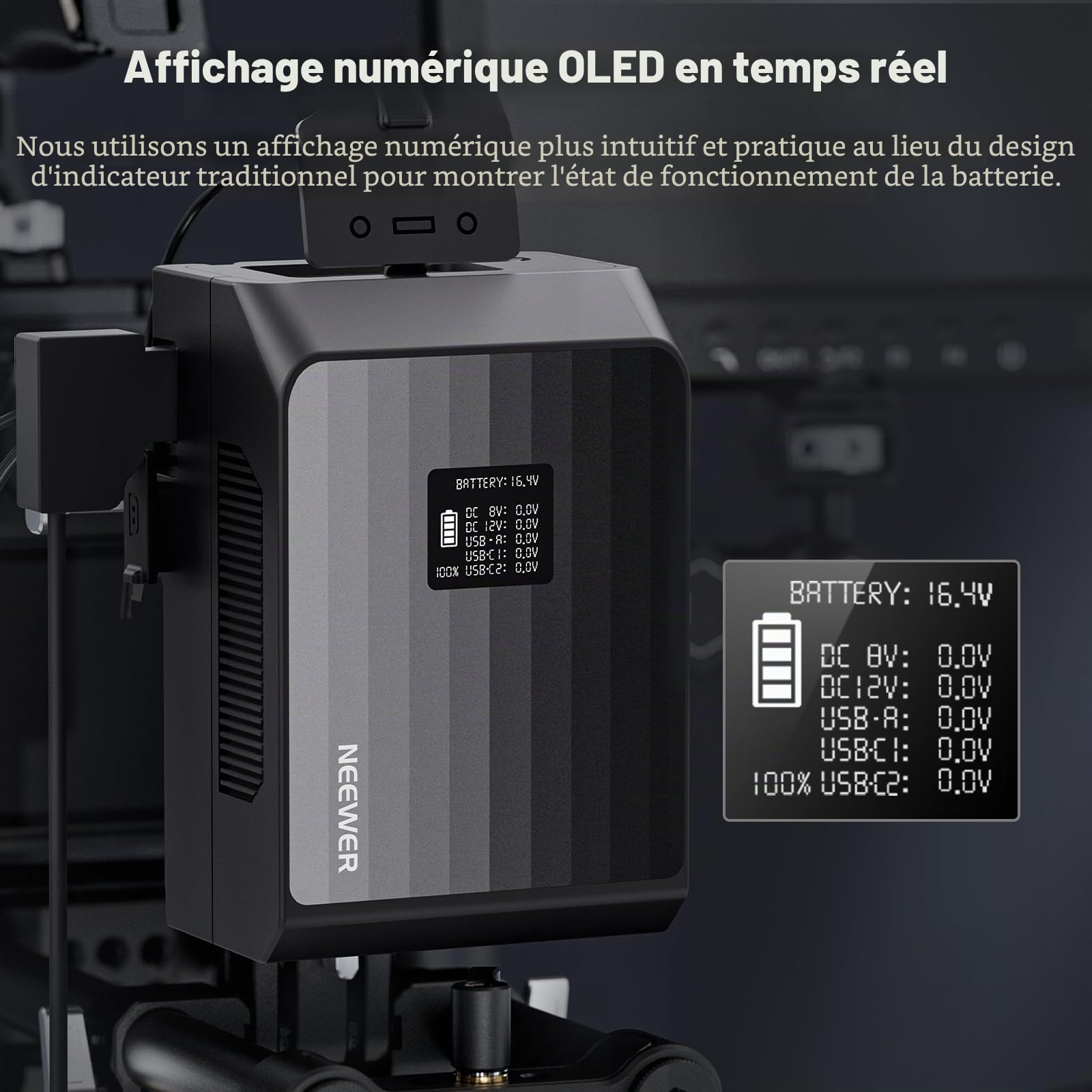 NEEWER Batterie Mini V Mount PS099EP, 6800 mAh, 99 Wh, 14,5 V, avec Charge Rapide PD de 100 W, Double USB C/D Tap/BP/USB A/Dual Ports DC, écran OLED, Compatible avec caméra BMPCC 4K 6K