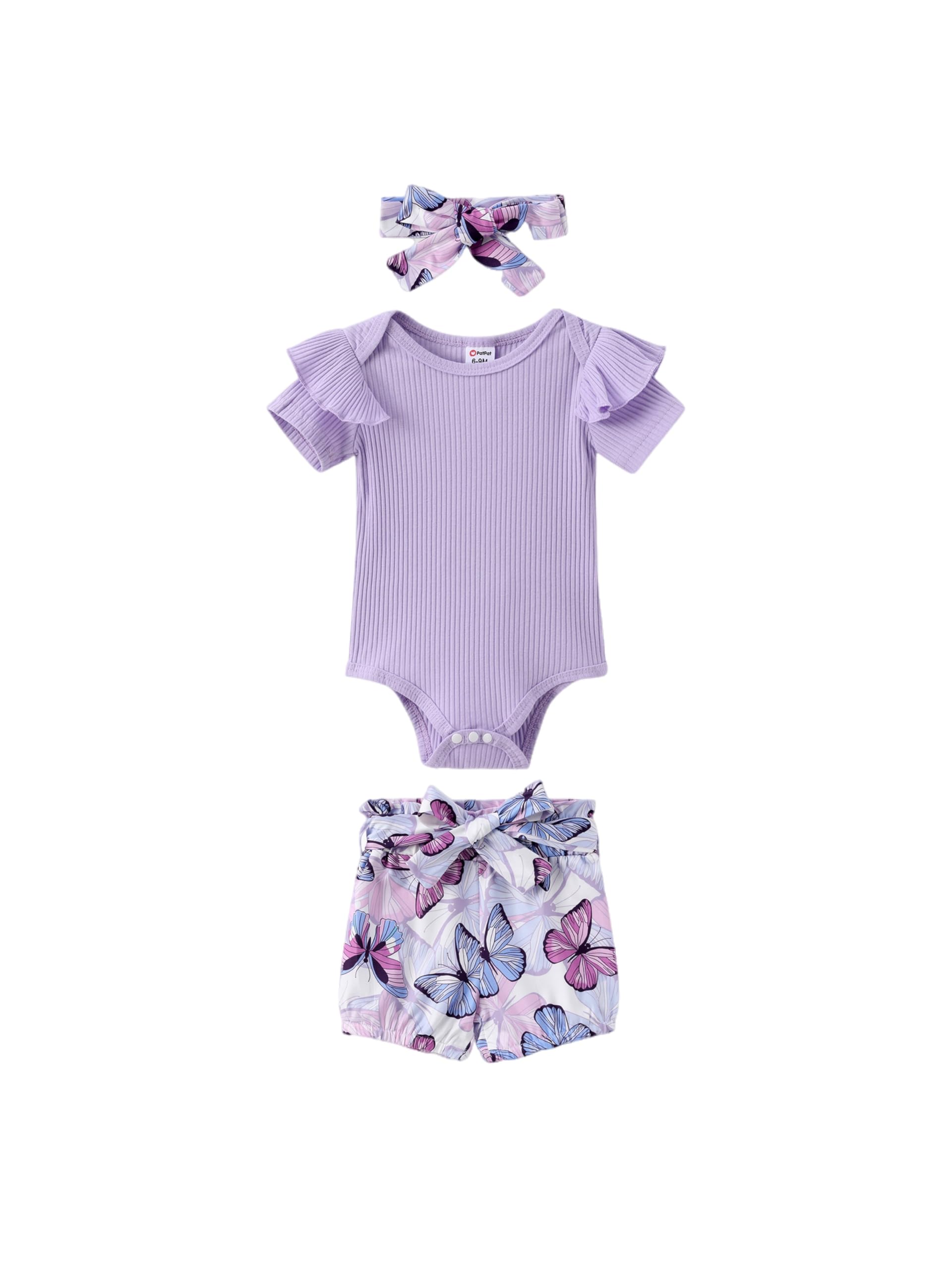 PATPATNewborn Infant Baby Girl Summer Clothes Ribbed Ruffle Romper Butterfly Print Belted Shorts and Bow Headband 3Pcs Cotton Outfit Set 0-18 M
