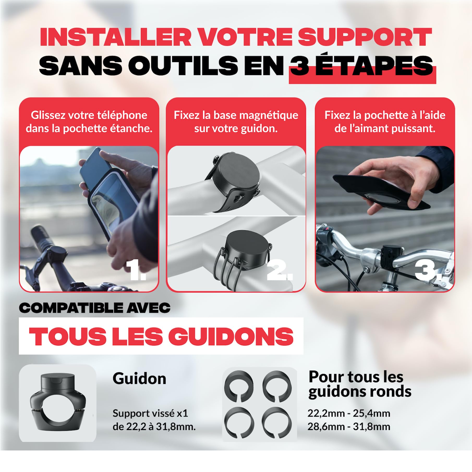 Shapeheart Support Téléphone Magnétique Pro pour Vélo - Fixation Vissée Guidon - Pochette Étanche XL Tactile - Housse Imperméable pour VTT, Trottinette Électrique - Système Stable et Amovible