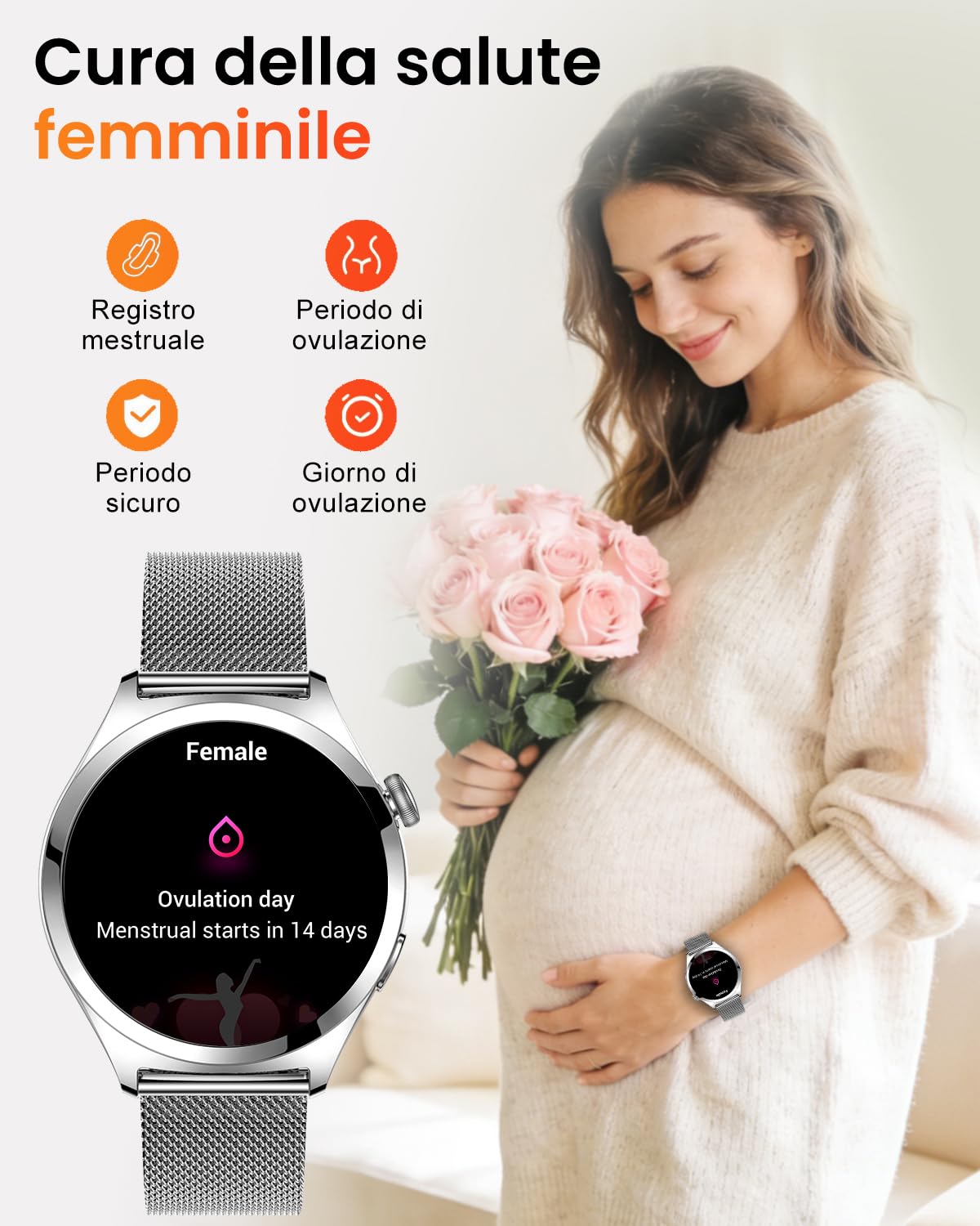 Smartwatch Donna Rotondo con Chiamate, Display Curvo HD da 1,27", Monitor Frequenza Cardiaca SpO2 Sonno, 120+ Modalità Sport, Impermeabile IP68, Smart Watch Donna per Android iOS (Argento)