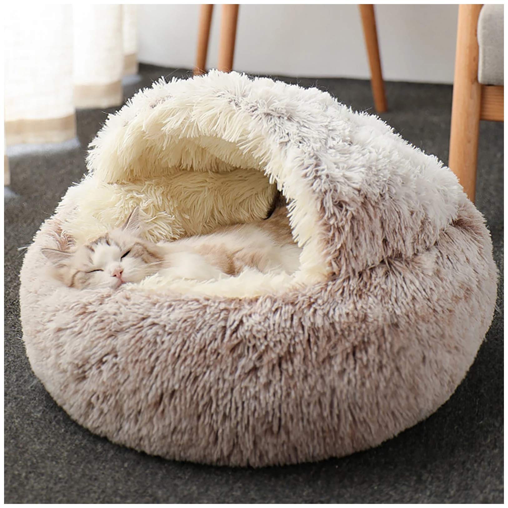 Lit de caverne de chat marron de 50cm - Panier donut douillet pour animal de compagnie d'intérieur