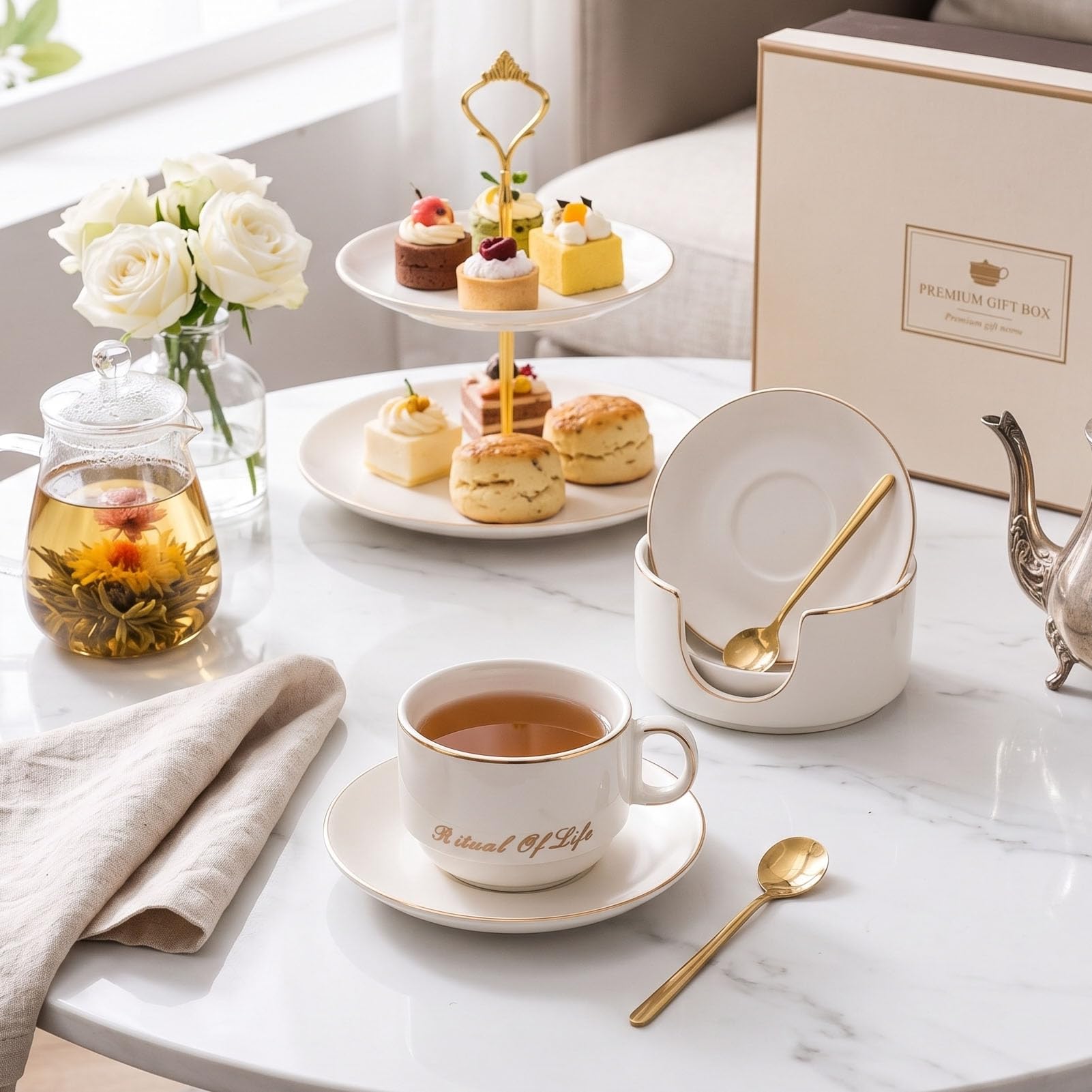 Sorandy Service à café en Céramique avec Support en Fer (WHITE)