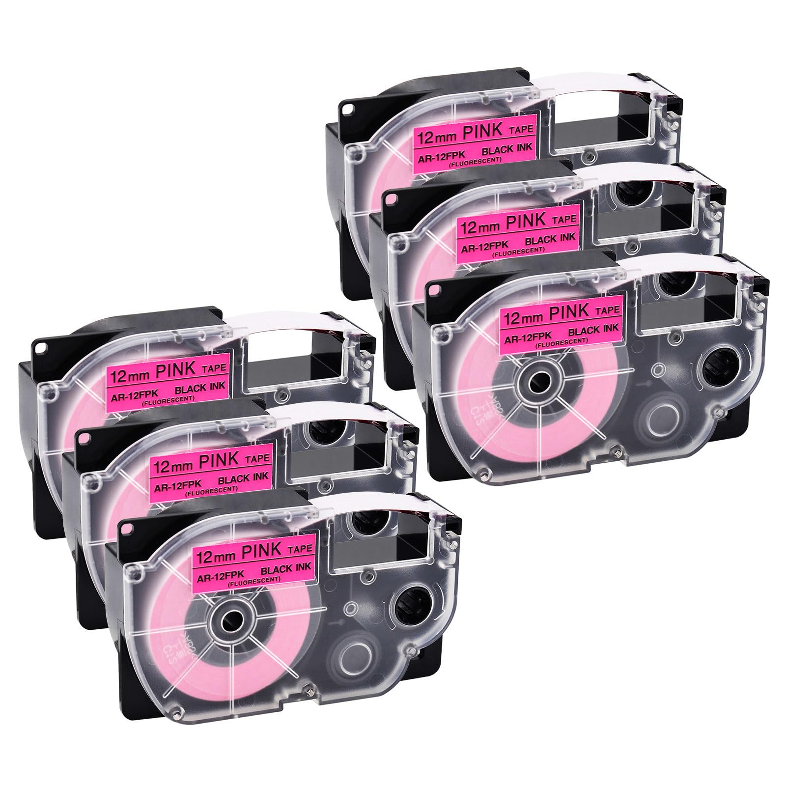 NineLeaf Ersatz für Casio EZ Etikettenband XR12FPK XR-12FPK AR12FPK XR-12FPK2S 12mm x 5m Schwarz auf Fluoreszierend Rosa Bänder für KL-60 KL-120 KL-100 KL-750 KL-780 KL-1500 Beschriftungsgerät, 6PK