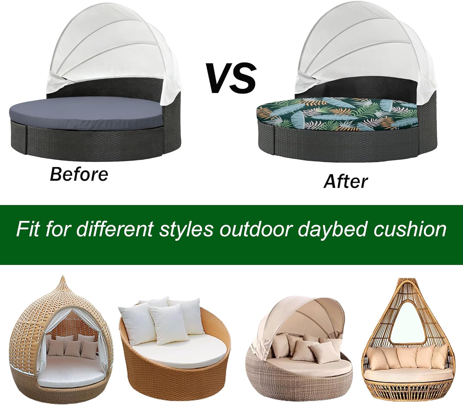 Outdoor Daybed Cushion Cover, 66" Replacement Daybed Cover with Elastic Band,Sun Bed Cover,Outdoor Round Bed Cushion for Garden,Backyard,Lawn (Print B, 2PCS Half-circle Cushion Cover+3PCS Pillowcase)