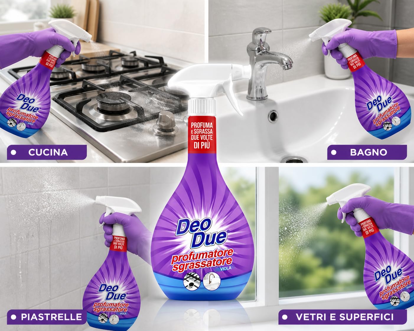 Sgrassatore Spray 4 in 1 Viola, Detergente Multiuso, Igienizzante e Lucidante, Profumo Fresco a Lunga Durata, Pack 6 Unità da 600ml