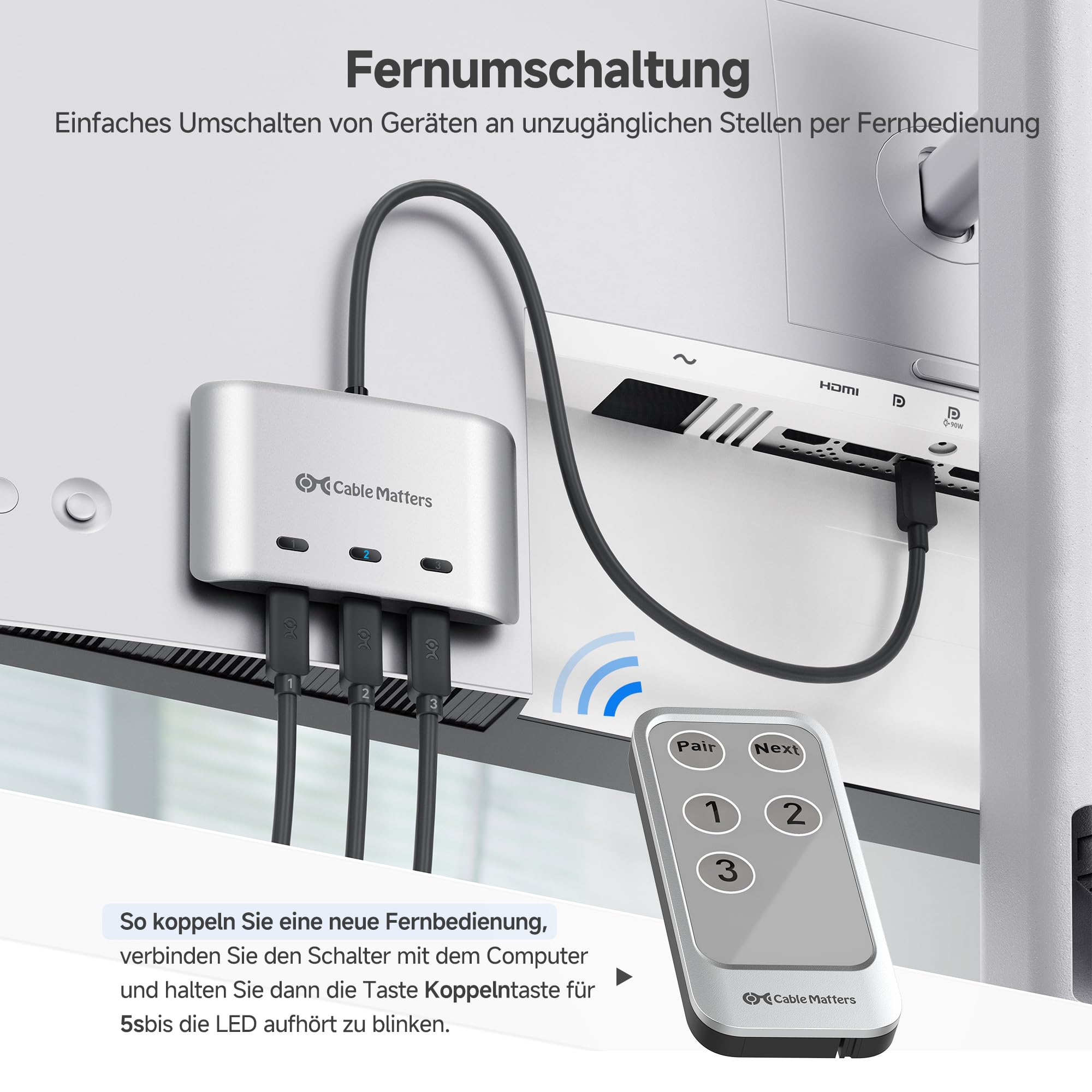 Cable Matters 20G USB C Switch, 3-in-1 Ausgang, 8K@30Hz Windows/4K@60Hz macOS, 140W PD, zum Teilen eines USB C oder Thunderbolt 4 Monitors (nicht für feste Kabeldocks)