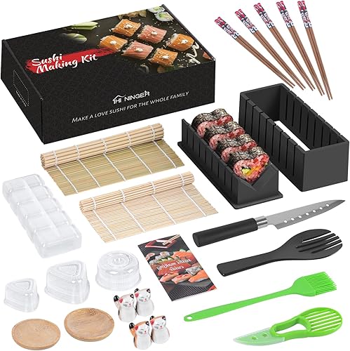 HI NINGER Kit completo de fabricación de sushi para principiantes con cuchillo de chef, tapete de balanceo de sushi de bambú, triángulodonutsmolde