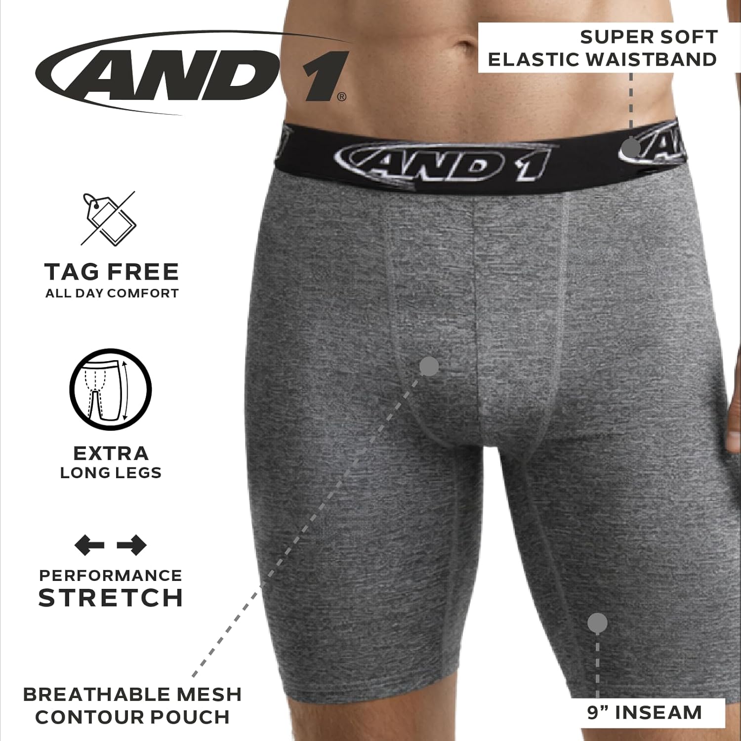 AND1 Mens Boxer Briefs - 6 Pack Platinum Performance Long Leg Boxer Briefs with Pouch - Boxers for Men, 9" Inseam (S-3XL) - Image 3