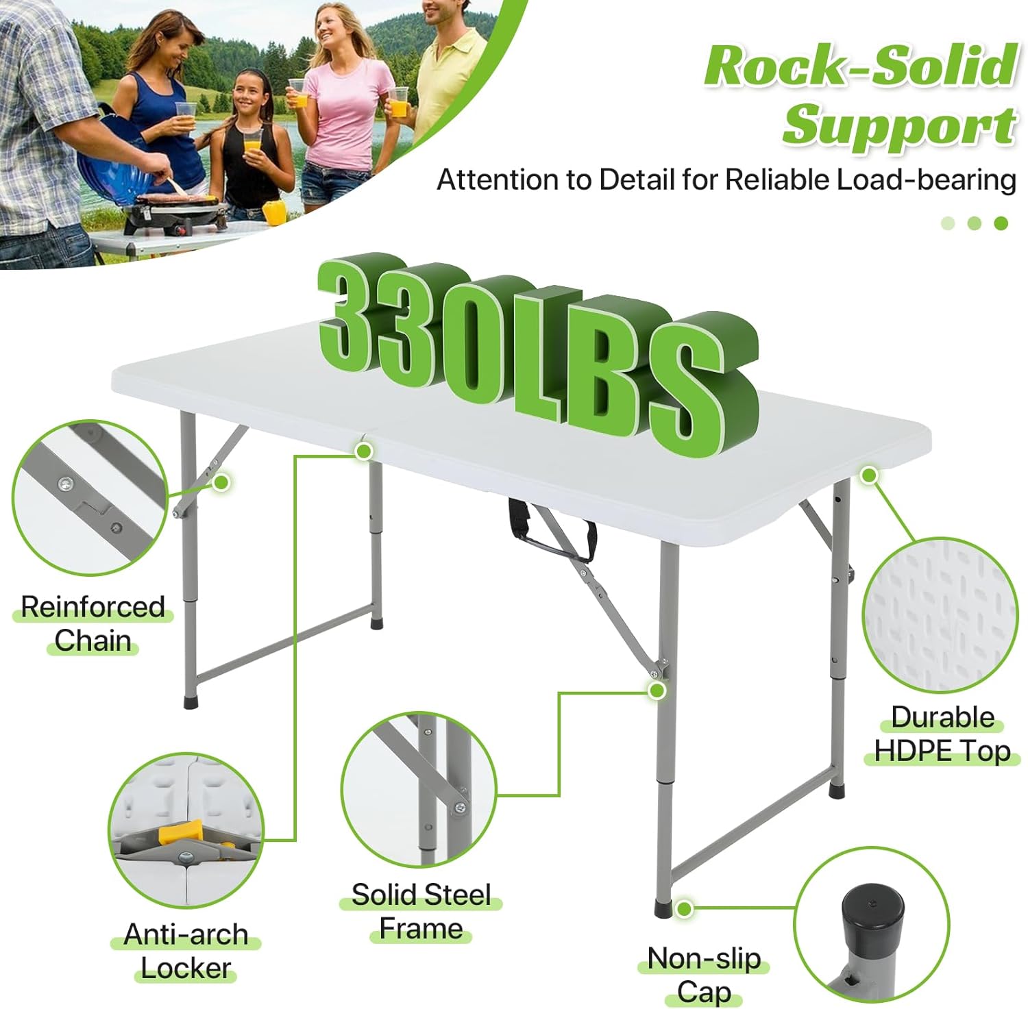 4Ft Foldable Table Adjustable Height with Built-in Handle, 4 Foot Heavy Duty Portable Folding Table with Steel Legs for Indoor Outdoor Camping, Parties, Wedding, Picnic, Catering (4ft, White)