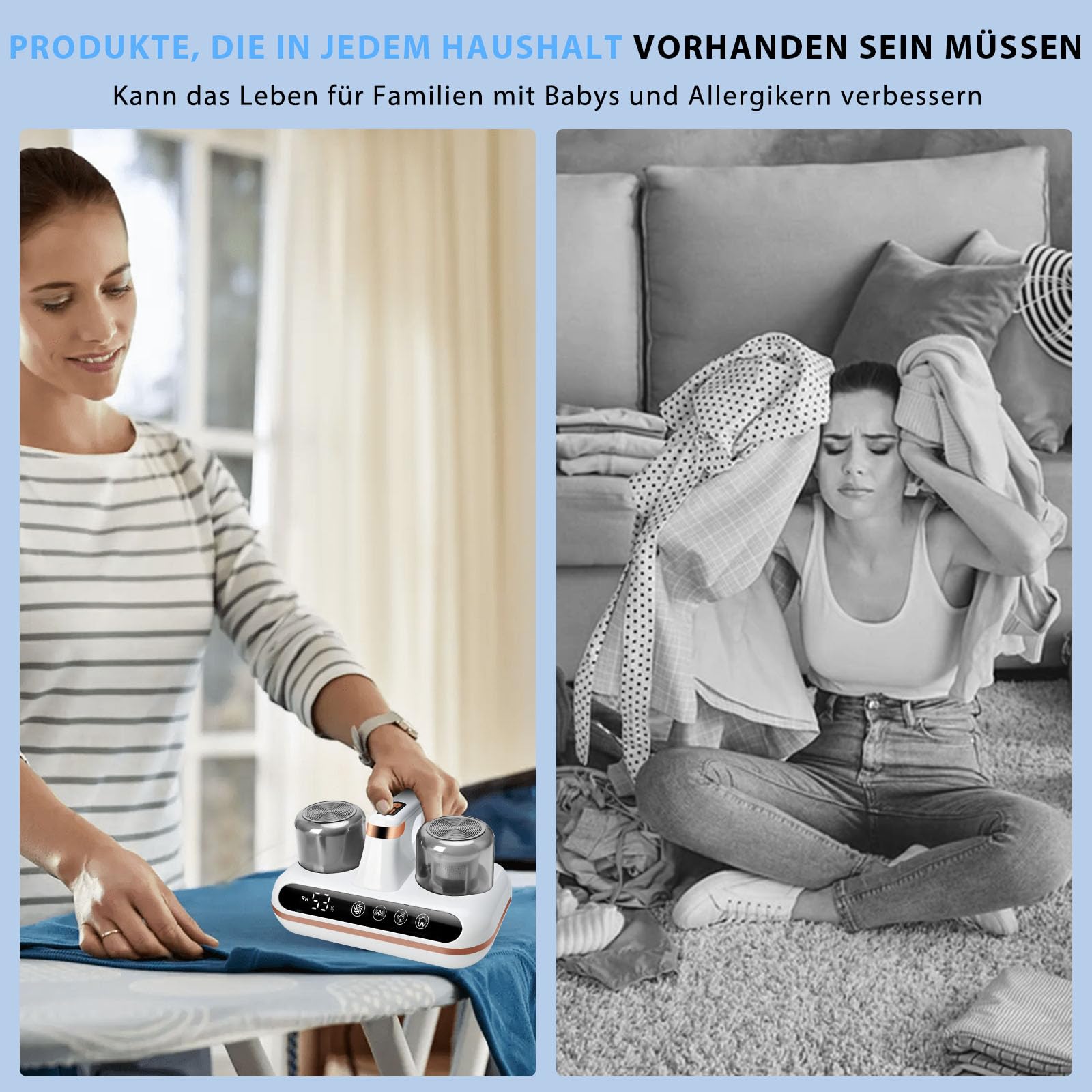 Kabelloser Matratzensauger 1000 W mit UV-Licht und Milbensensor, LED-Anzeige, entfernt 99,9% Allergene weiß