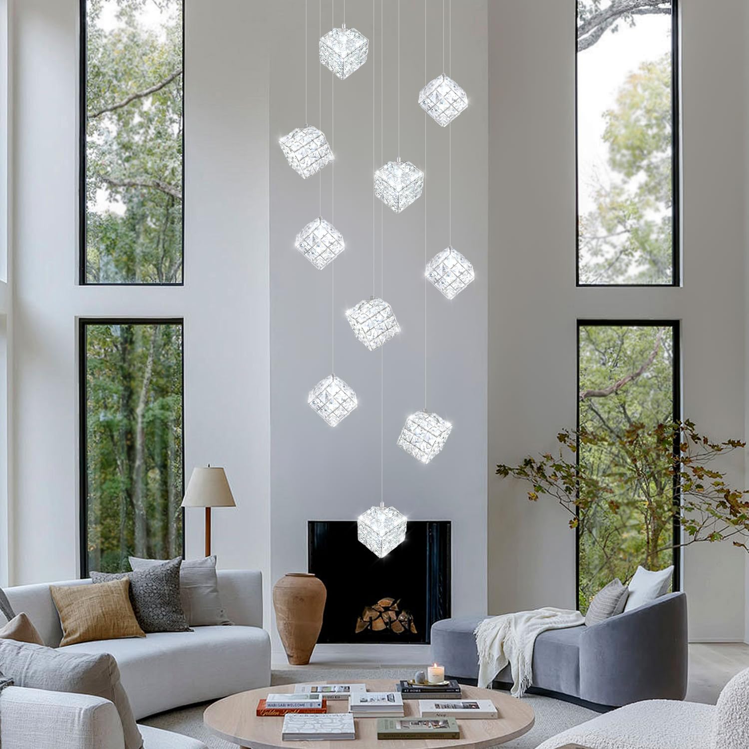 Nowoczesna lampa sufitowa 10 lampek, kryształowy żyrandol do holu, duży żyrandol do wysokiego sufitu, kryształowa lampa wisząca do salonu, schodów, jadalni lub wejścia.
