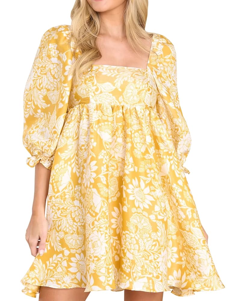 Heltapy Womens Puff Sleeve Floral Print Dress Babydoll