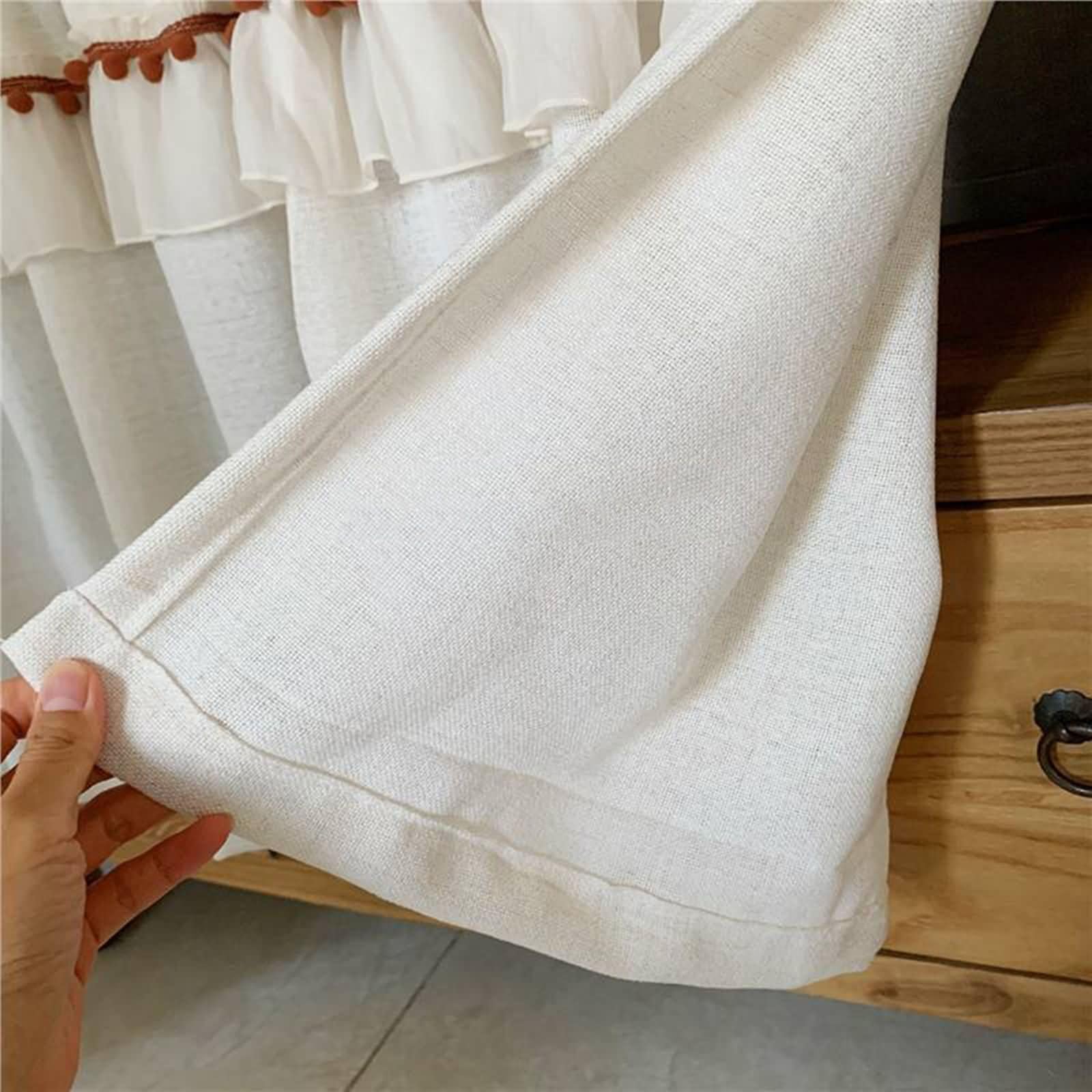 Küchen-Vorhänge 1 Stück Kurz,200 cm Breit,Klettverschluss | Einfarbig mit Pompon,Pflegeleicht Polyester,Lichtdurchlässig,Beige Weiß,200 x 100 CM