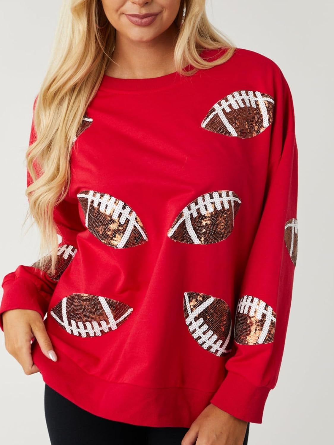 Womens Football Sequin Embroidery Loose Fit Sweatshirt Casual Crewneck Pullover Long Sleeve Gameday Tops - Image 4