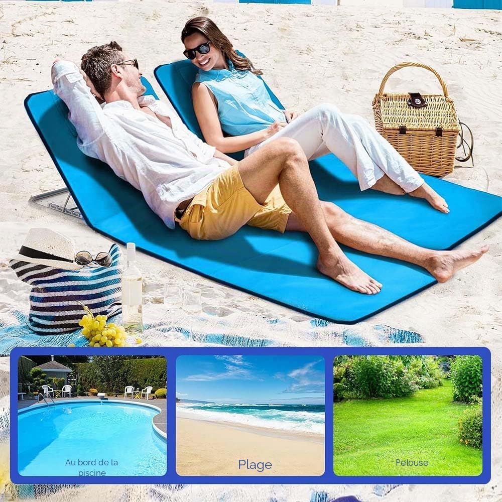 Transat de Plage 2 Pièces,Matelas de Plage Pliable,Chaise de Plage Pliable,et Réglable,Tissu Oxford 600D imperméable,Sac de Rangement Inclus, pour la Plage, Le Parc, Le Camping(Bleu Clair)