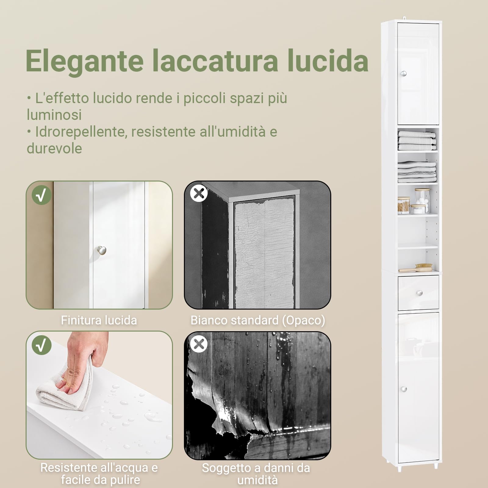 SoBuy Bianco Lucido Mobile Bagno Salvaspazio Colonna Stretta 20x20x180cm | Mobiletto Stretto con Cassetto e Ripiano Regolabile Armadietto Alto BZR167-GW