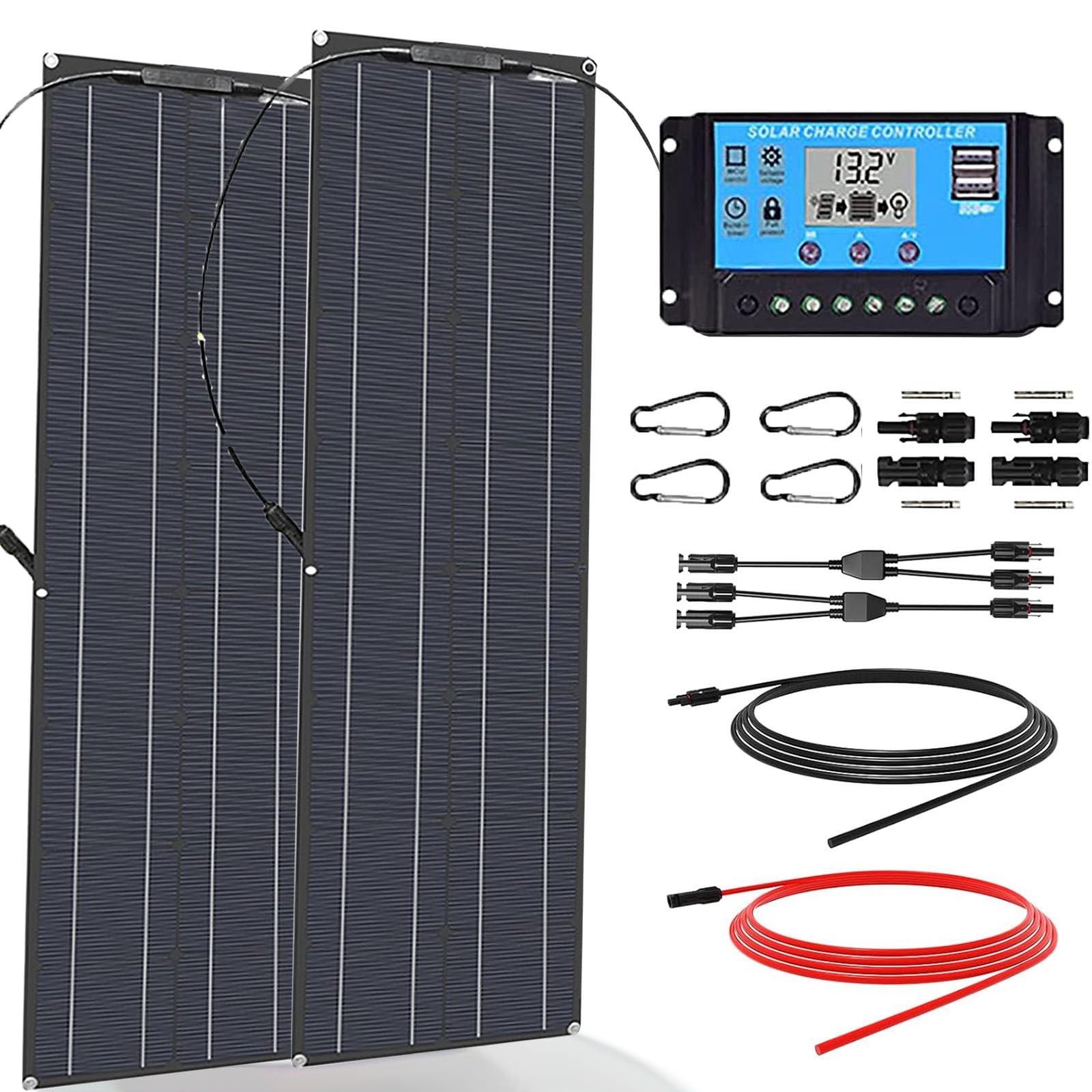 Panneau Solaire Semi Flexible, Kit de Démarrage de Panneau Solaire 2x200 W pour Camping-Car, Abri de Jardin, Remorque, Cabines, Pompe à Eau et Toute Autre Application Gors Réseau,Black