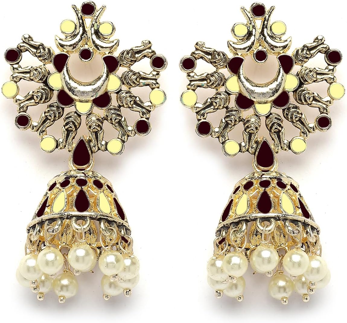 Gold Plated Brown and Cream Meena Jhumki Earrings for Women