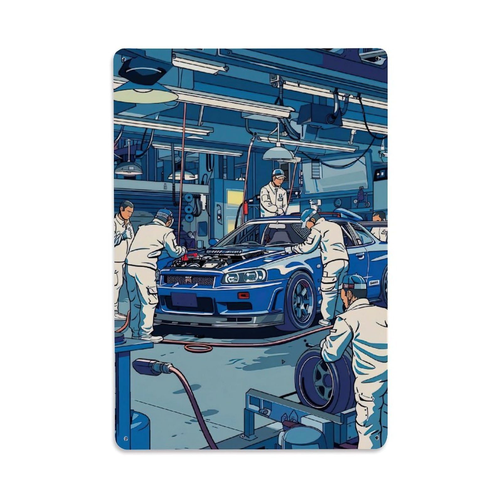 JDM Sports Car R34 Skyline Maintenance Center Metal Tin Sign Plaque Wall Decor for Cafe, Club, Garden Metal Poster 8x12Inch