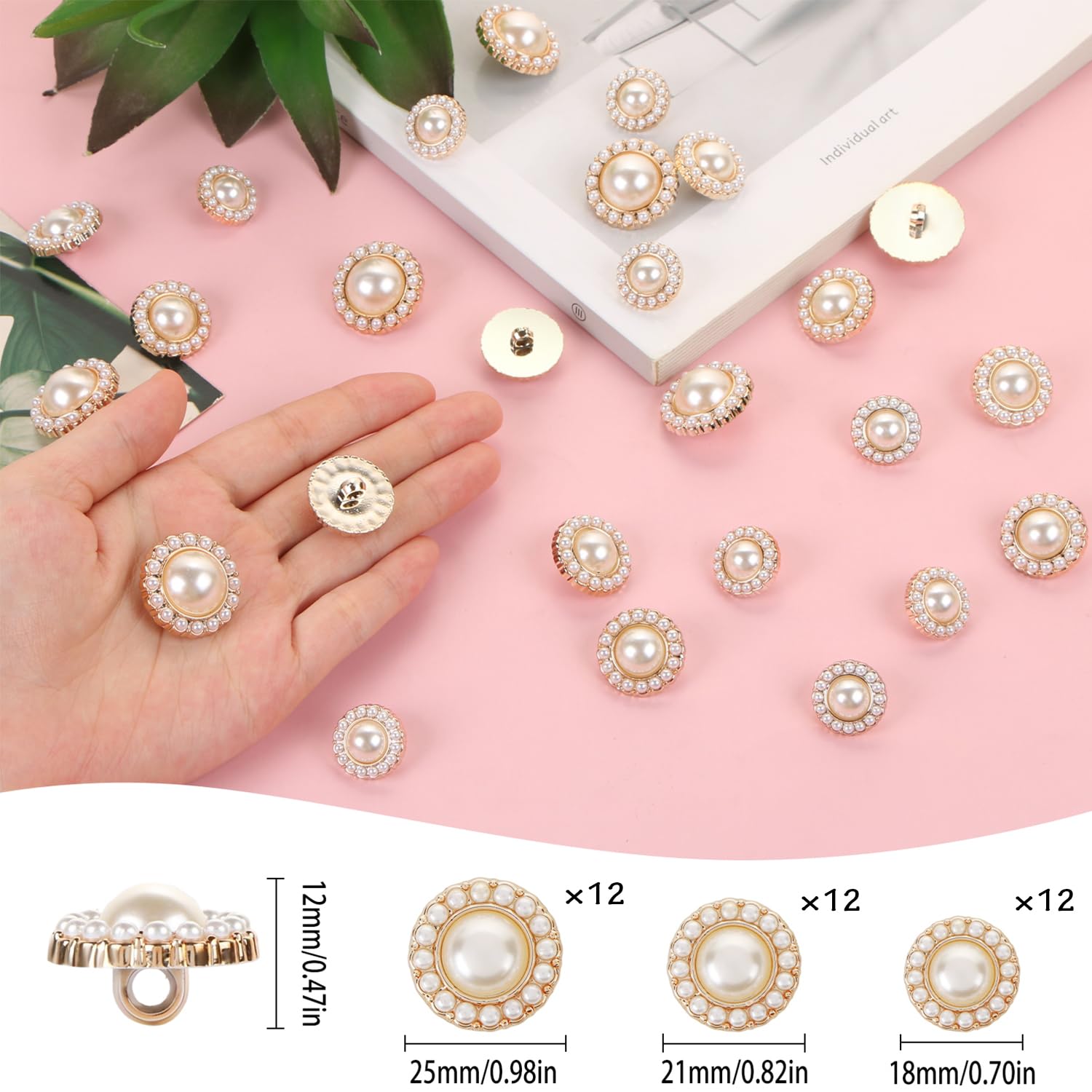 UHOMENY Gold Vintage Faux Pearl Buttons, 36PCS Round Decorative Buttons for Women's Shirt, Brooch - Image 2