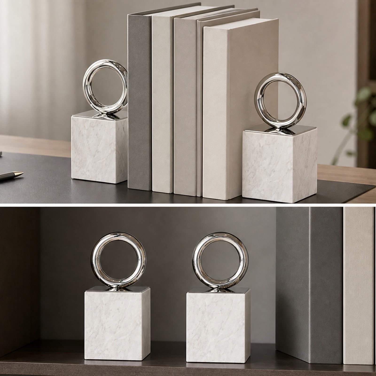 predolo Klassisch Marmor-Buchstütze | Buchstützen aus Marmor, platzsparendes Design, Buchstützen mit Metallbasis, für Arbeitszimmer, Büro, Wohnzimmer