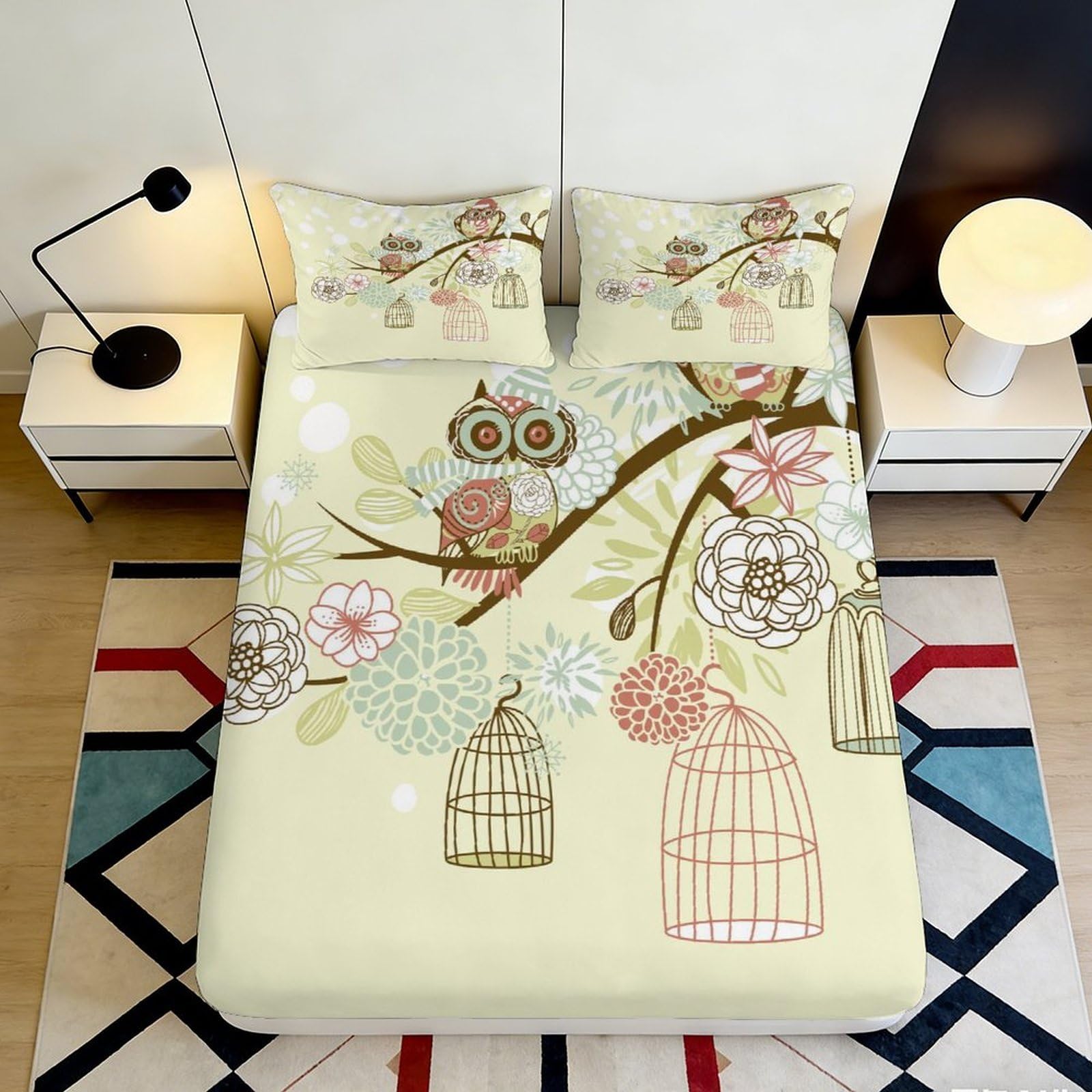 Qjzxknhpgr Style-10 3D Printed Owl Branch Fitted Sheet Microfiber Soft Floral Birdcage Mattress Cover Bedroom Decor Protection 90X200x25cm