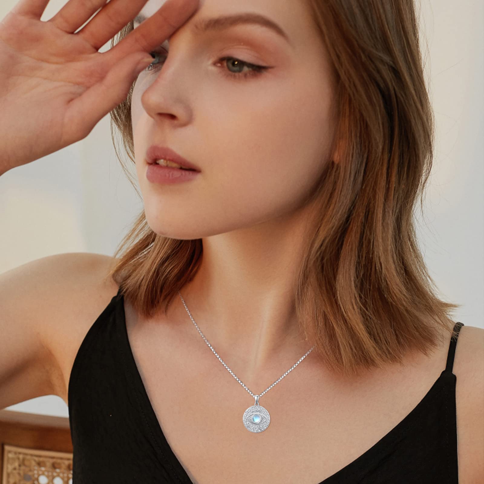 Evil Eye Mondstein/Opal/Zirkonia Halskette 925 Sterling Silber Auge des Horus Halskette Blau Opal Evil Eye Anhänger Schmuck Geschenke für Damen Mädchen Frauen Freunde