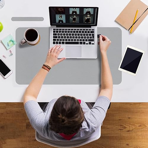 Miniatura 6 de Boutilon Tapete de cuero para escritorio de 24 x 14 pulgadas, tapete de escritorio de oficina, piel sintética impermeable, color gris