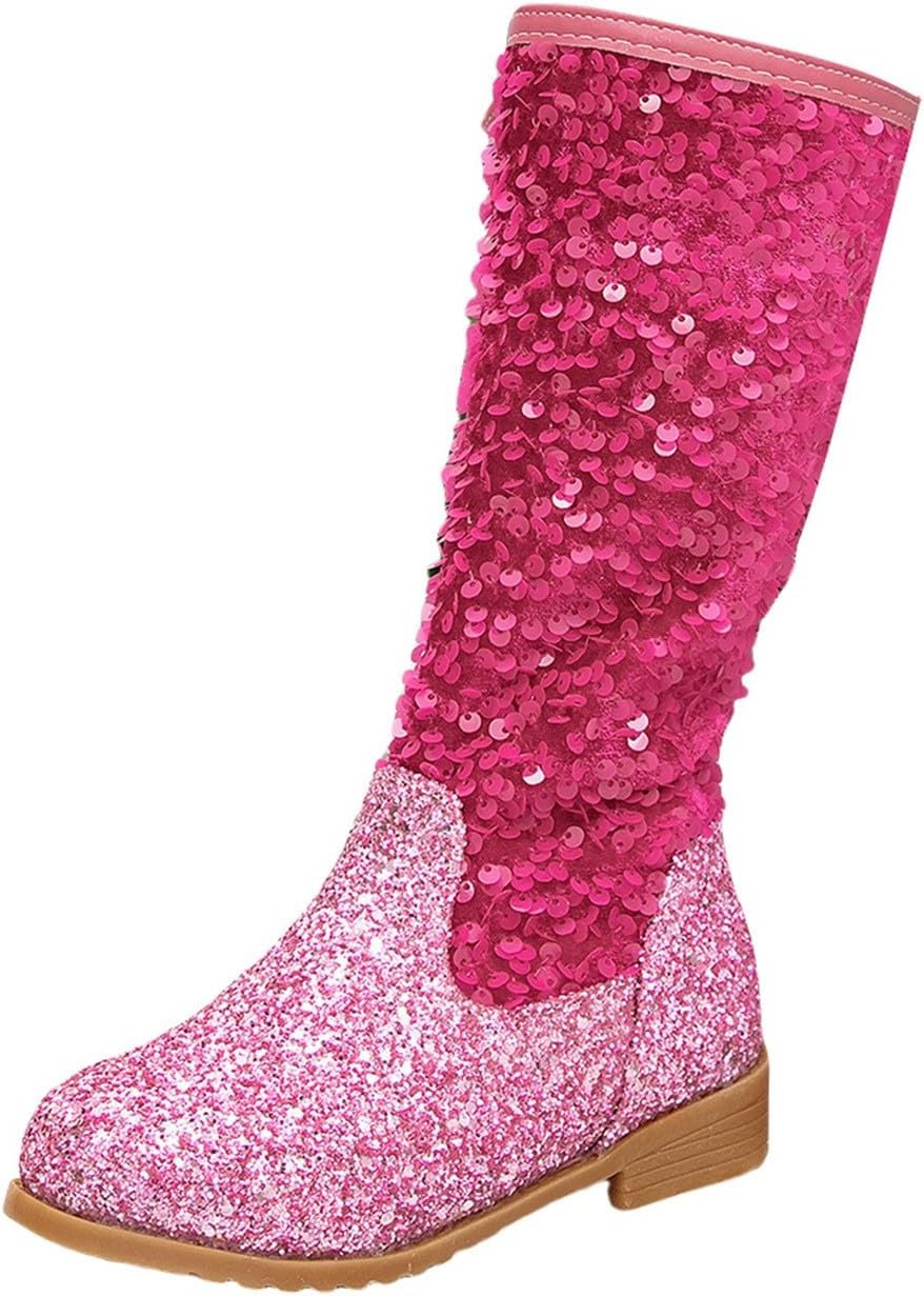 Girls Glitter Sequin Boots High Top Western Boots Sparkly Chunky 𝐋ow Heel Fashion Non-Slip Princess Dress Shoes