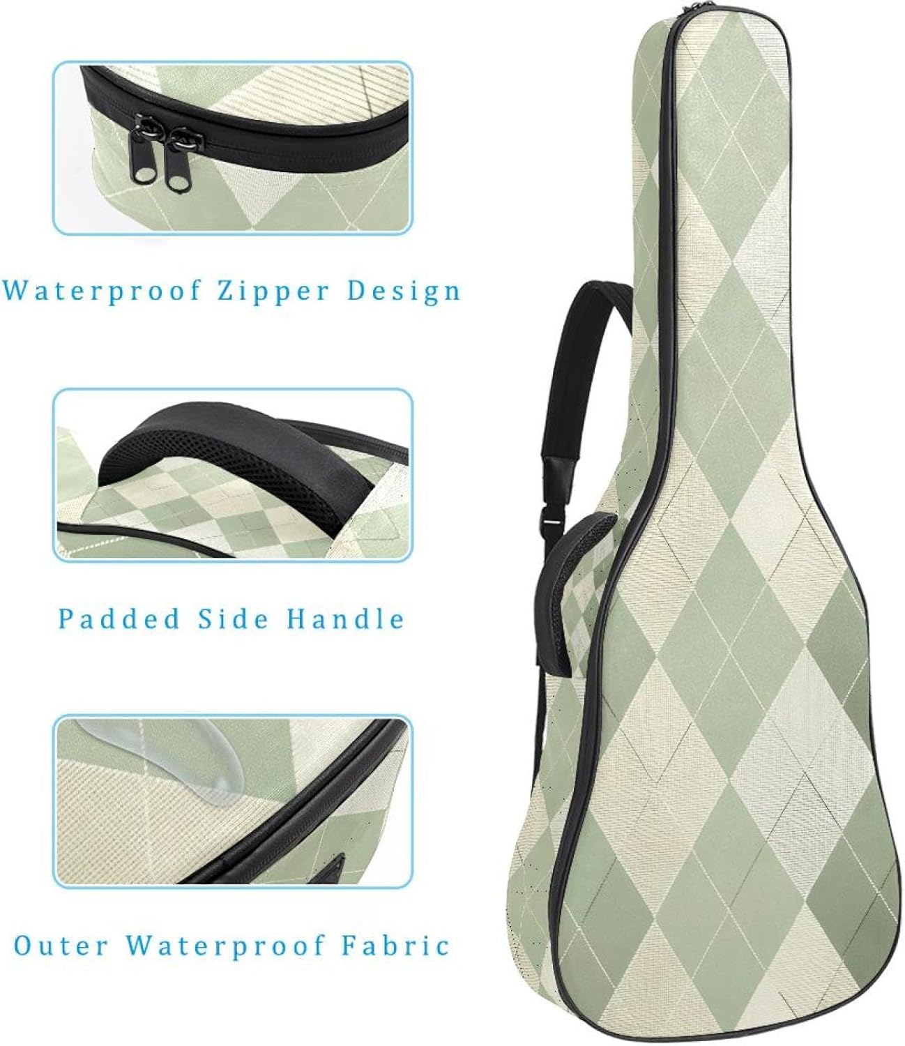 40 41 42 Inch Acoustic Guitar Bag, 0.4 In Thick Sponge Padded Guitar Case Gig Bag with Back Hanger Loop and 2 Pockets, Elegant Sage Green and Cream Argyle Diamond Pattern