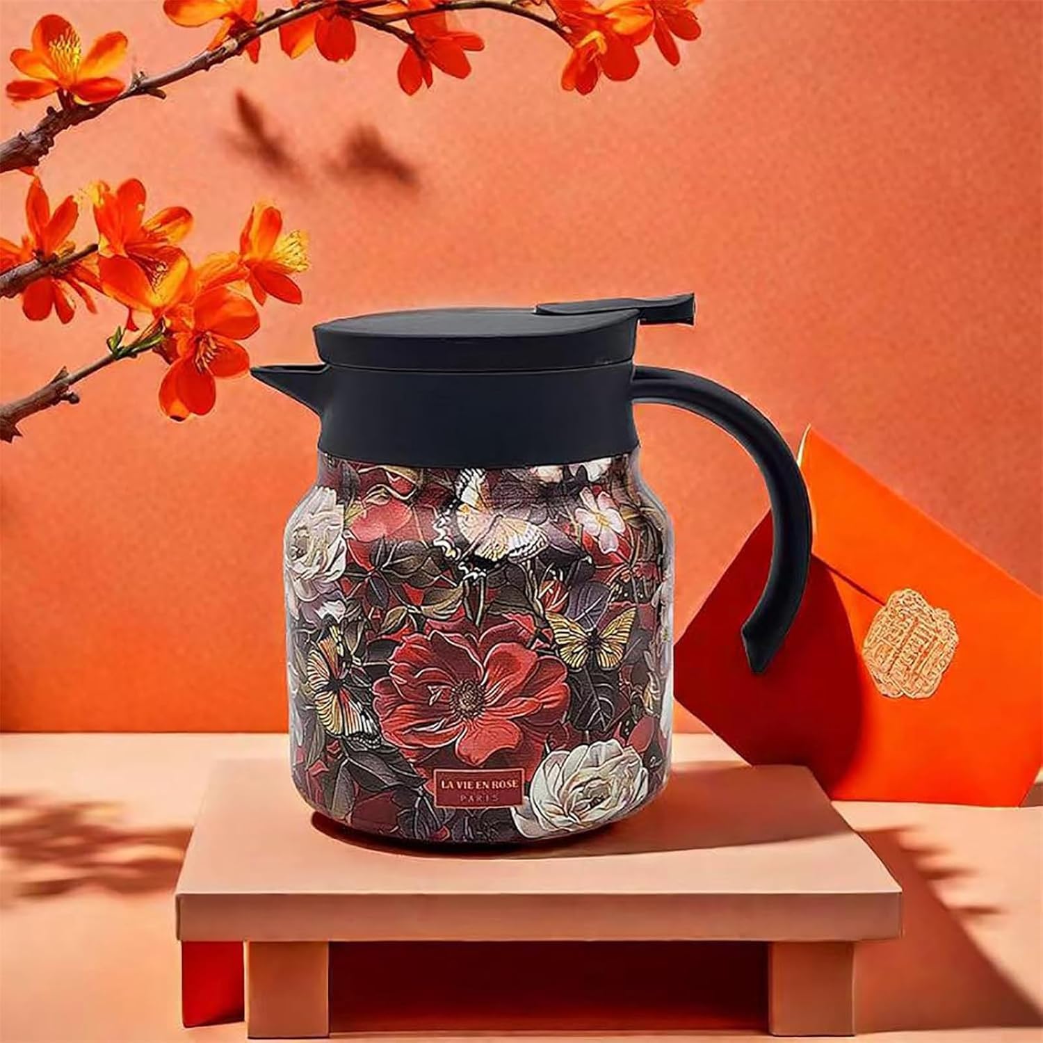 Infinite Tea Pot, Vintage Floral Pattern – Built-In Infuser, Stainless Steel Insulated Teapots Sets with Teaspoon, for Hot Cold Drinks (Red,1000 ml)