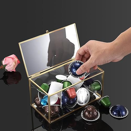 Miniatura 4 de ELLDOO Soporte de cápsulas de café de vidrio dorado, caja de almacenamiento de cápsulas de café con tapa, bolsas de té, paquetes de azúcar, soporte