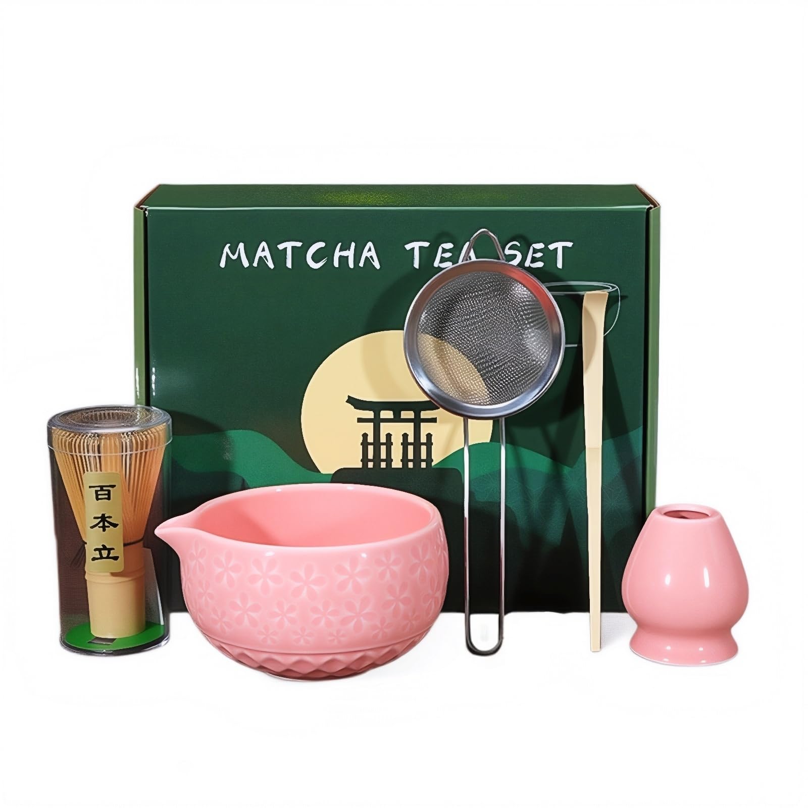 Matcha Kit Completo Matcha Set per Cerimonia Giapponese con Frusta in Bambù Set di Tè Matcha in Ceramica Chasen Supporto per Frullino Cucchiaio Ciotola per Matcha Regalo ad Amici o Colleghi (Rosa)