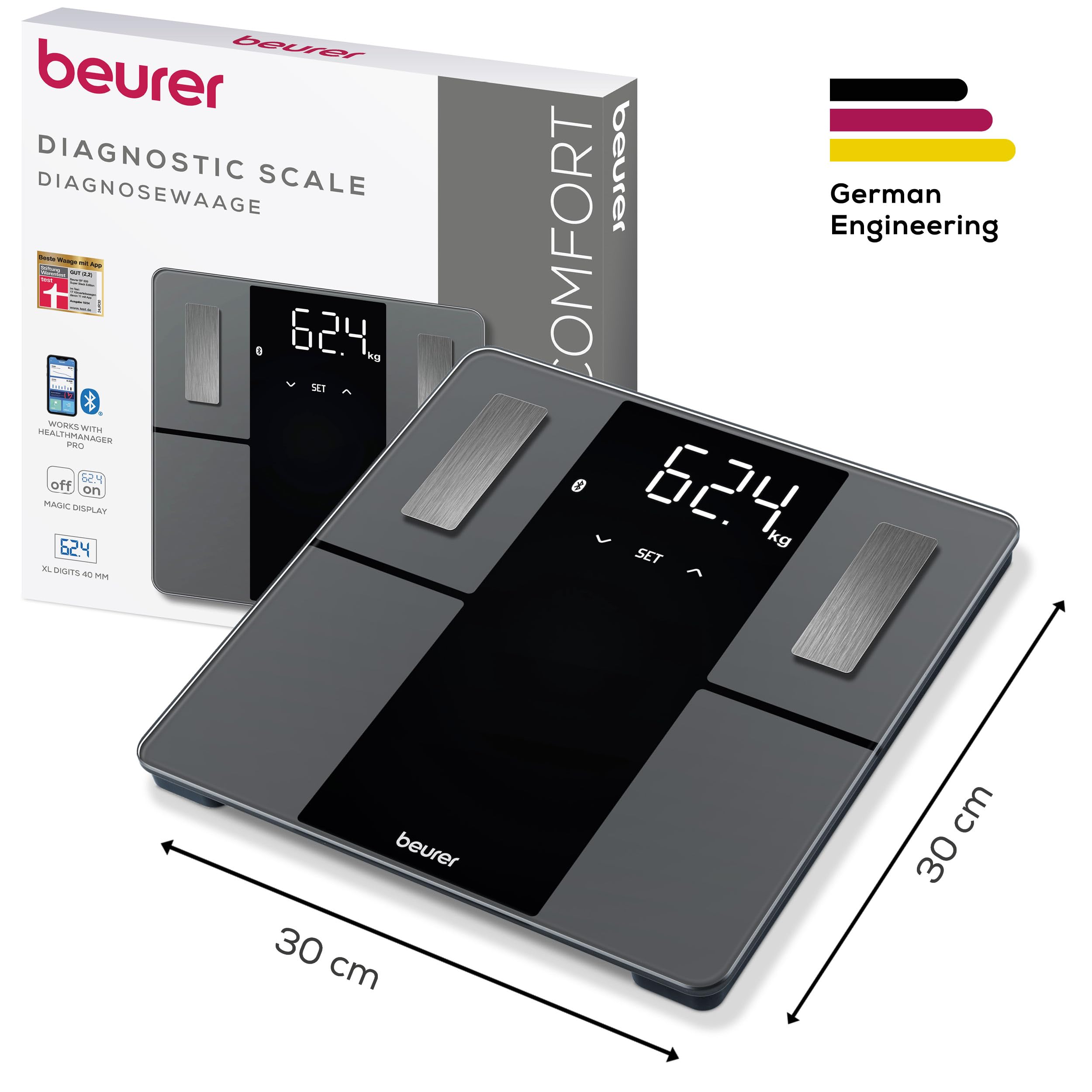 Beurer BF 500 Personenwaage mit Bluetooth & App, digitale Körperfettwaage mit Messung von Körperfett, Muskelanteil, Kalorienbedarf etc., XL-Display, Datenübertragung zu Apple Health & co., bis 180 kg