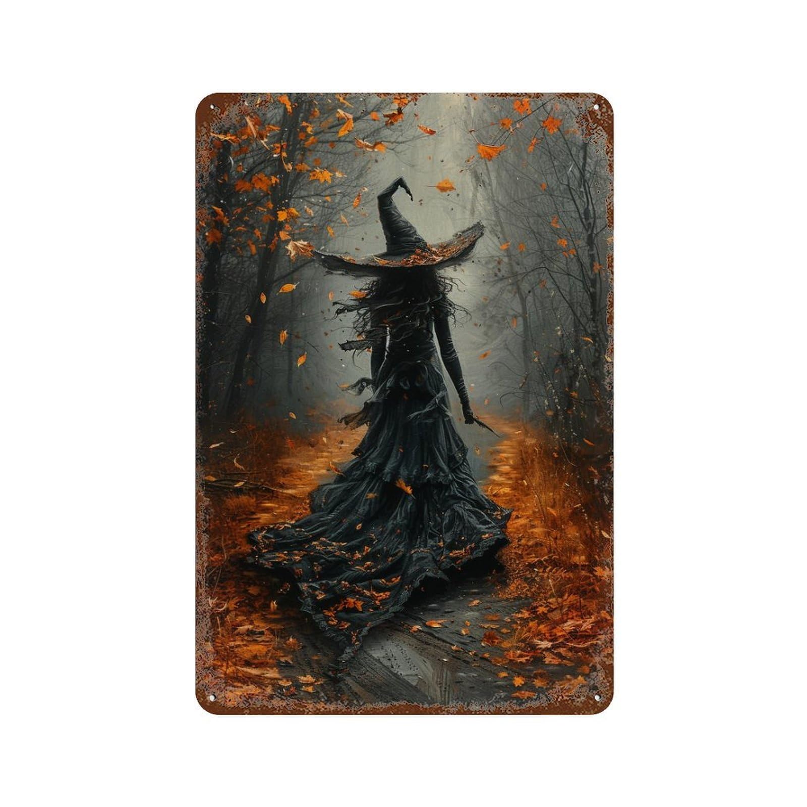 Garage Style Spooky Witch in Autumn Forest Vintage Rust Metal Sign 11.8"x7.9", Novelty Wall Decor for Bar And Workshop