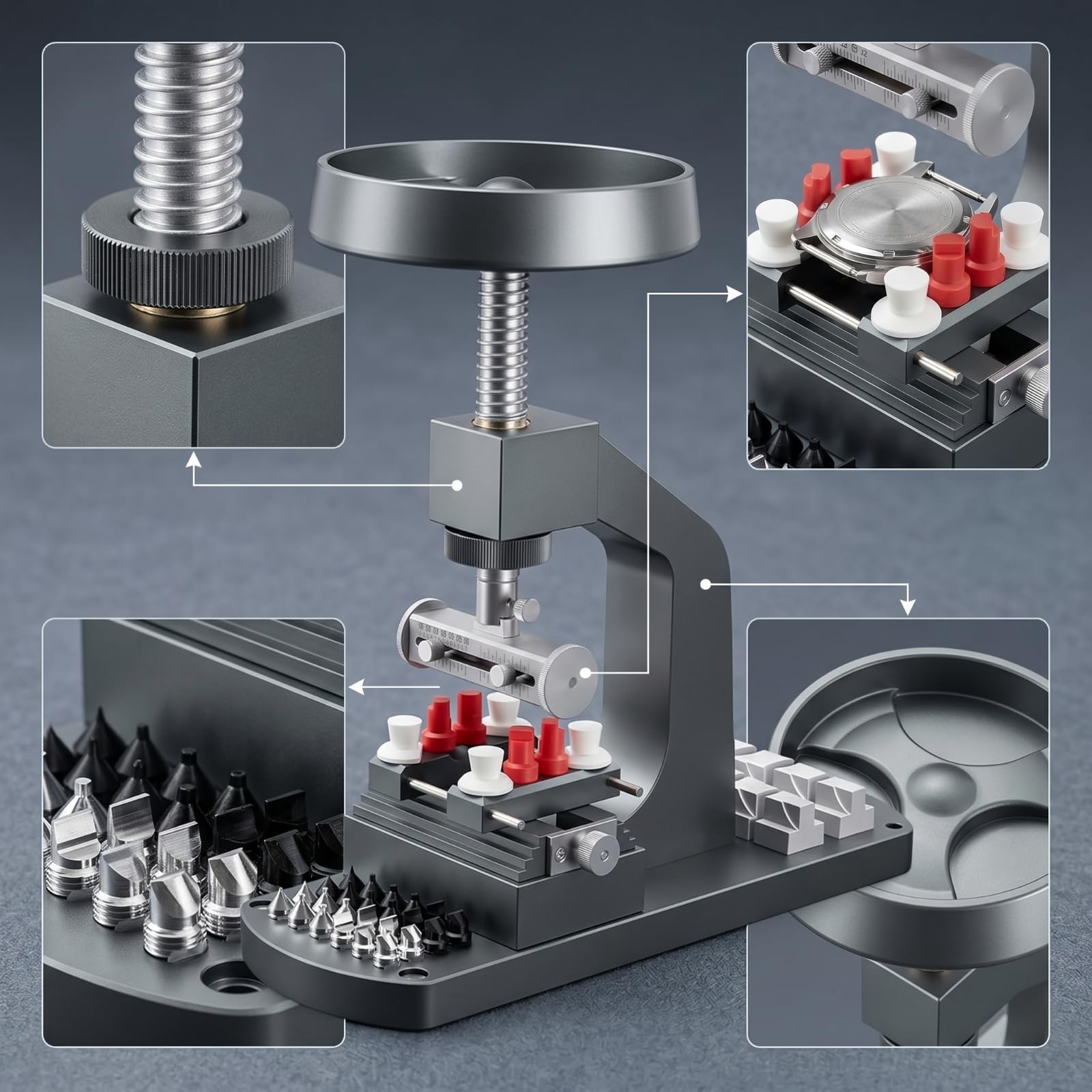 Ouvre-boîtier de Montre Manuel Appareil d'Ouverture Presse Filetée Base de Table Compacte Cadre en C Métal Molette Large Pression Stable Embouts