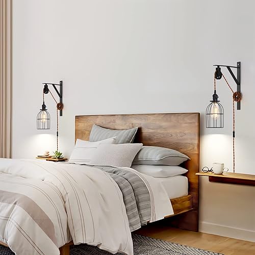 Miniatura 3 de SEEBLEN Juego de 2 lámparas colgantes enchufables, lámpara de pared con polea de granja con cable e interruptor de enchufe marrón de 7 pies,