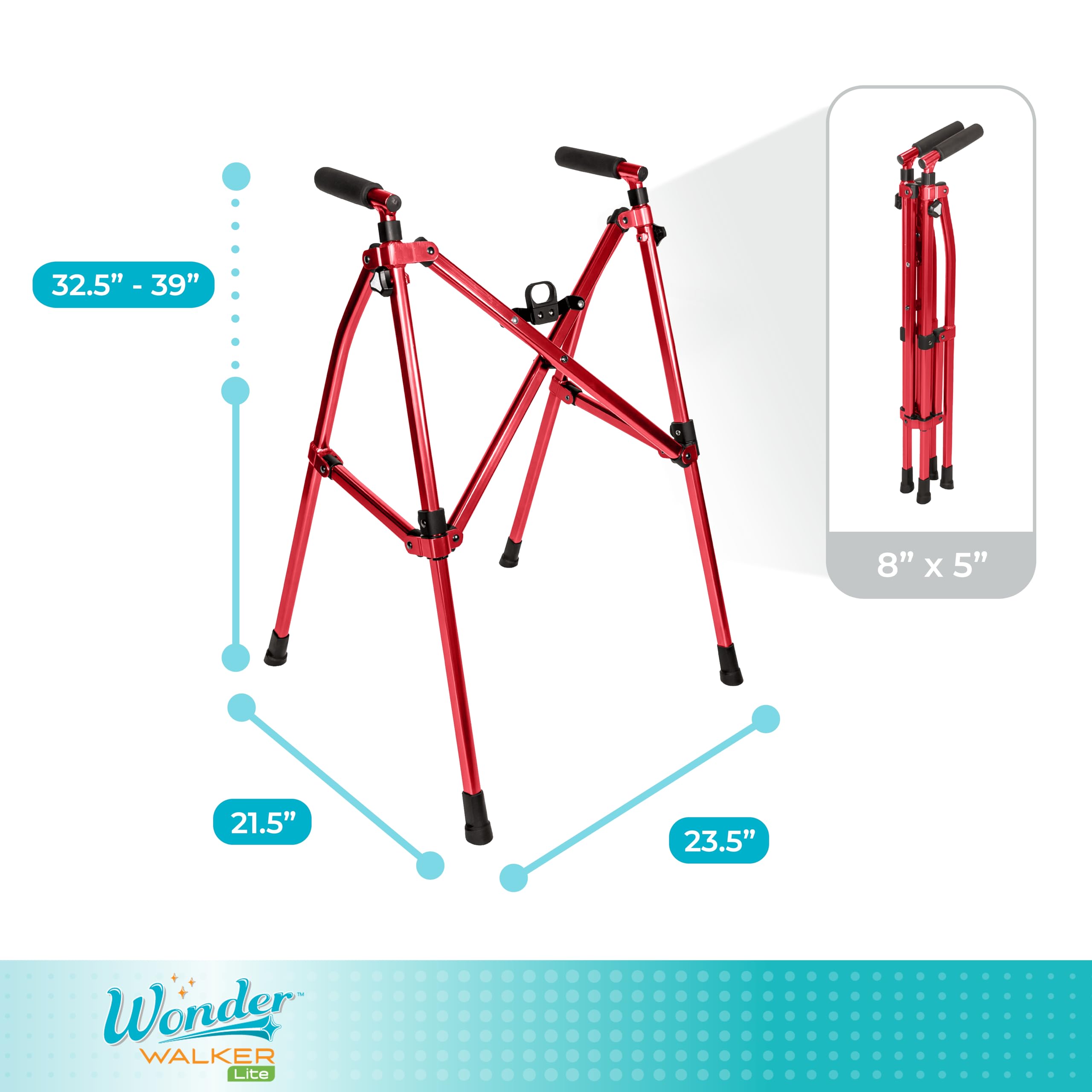 Wonder Walker Lite by Stander, andador ligero y plegable para adultos, personas mayores y ancianos, andador de viaje plegable para apoyo de movilidad, andador estándar compacto sin ruedas, rojo