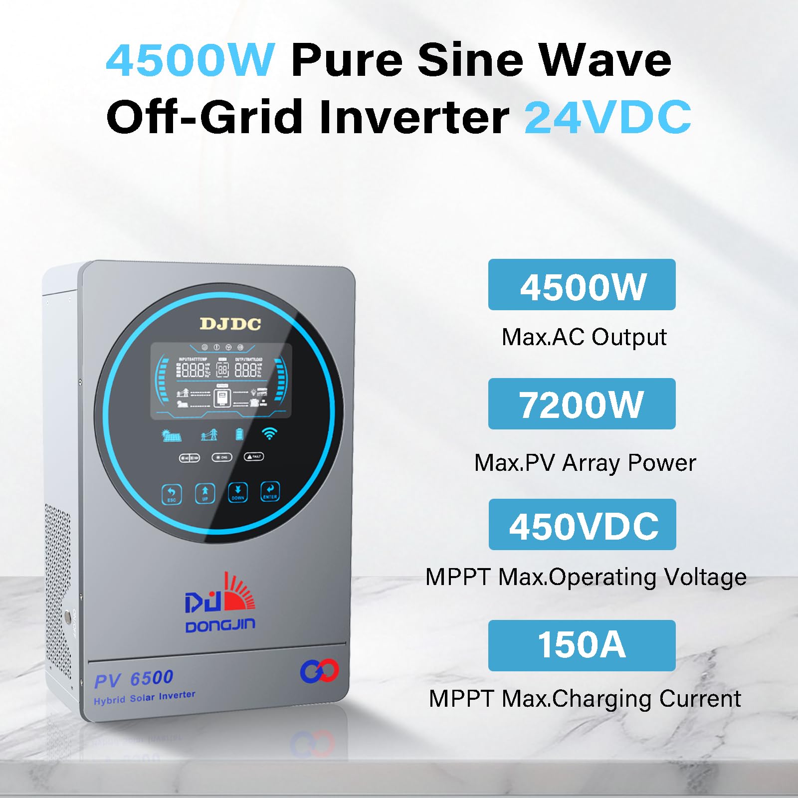 4500W 24V Hybrid-Wechselrichter Solar 24V DC zu 230V AC,150A MPPT-Laderegler,Maximale PV-Eingangsspannung 450V,mit Reiner Sinuswellenausgabe Passend für LA-Lithiumbatterie (4500W 24V)