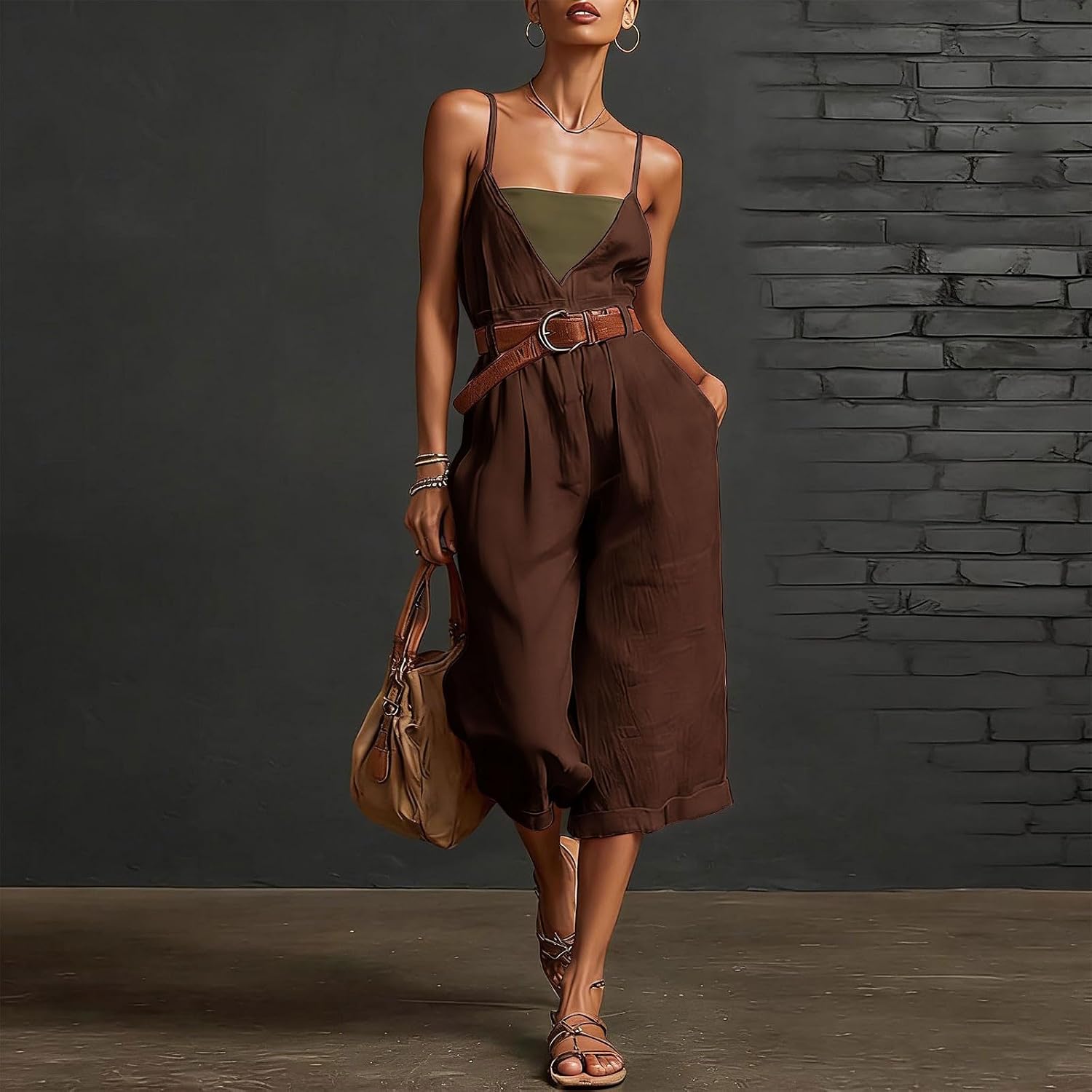 Spaghetti Strap Jumpsuit for Women V Neck Cropped Wide Leg Jumpsuit Boho Summer Romper with Pockets Music Festival
